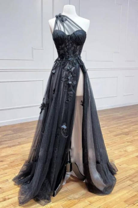 Prom Dresses, Black Lace Floral Long Prom Dresses, One Shoulder Black Lace Formal Evening Dresses