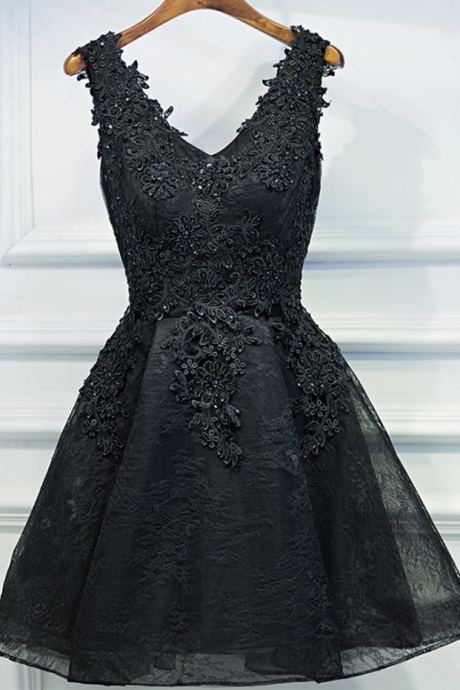 Homecoming Dresses,a Line V Neck Short Black Lace Prom Dresses, Black Short Formal Dresses