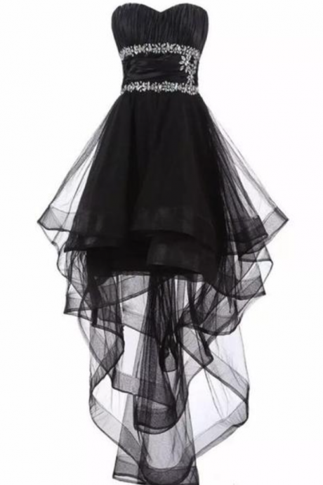 Homecoming Dresses,, Black Tulle Beaded High Low Party Dresses, Black Prom Dress
