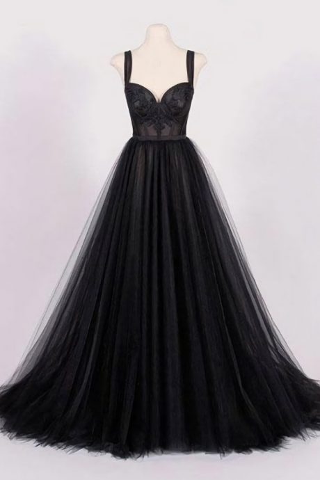 Prom Dresses, Halter Sleeveless Black Tulle Long Prom Dresses,black Evening Gowns