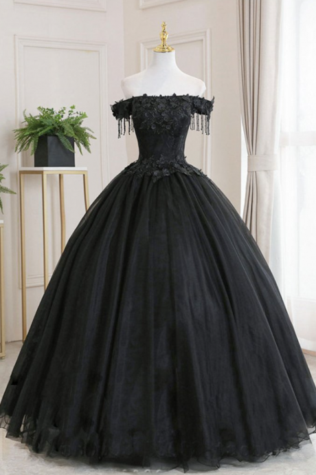 Prom Dresses, Black Tulle Lace Long Prom Dresses,black Tulle Lace Party Banquet Dresses