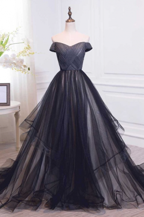 Prom Dresses, Black Tulle Long Prom Gown, Black Evening Party Dresses
