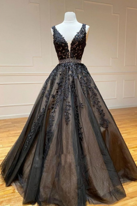 Prom Dresses, Black Tulle Lace V Neck Long Halter Dress, Prom Dress Beaded Evening Dresses