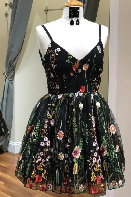 Homecoming Dresses, Cute Straps Black Embroidery Floral V Neck Short Homecoming Dress,short Prom Dress