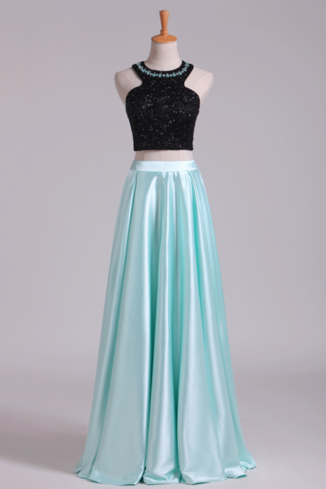 Prom Dresses, A-line Scoop Elastic Satin Two Pieces Black Bodice Backless Floor-length