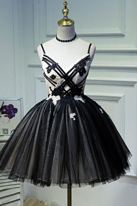 Homecoming Dresses, Unique Backless Spaghetti Strap Black Tulle Short Prom Dresses