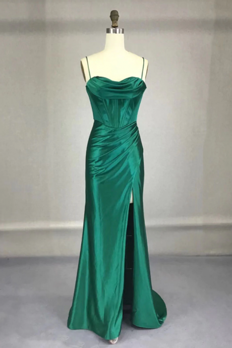 Prom Dresses, Green Satin Long Prom Dresses, Green Mermaid Long Formal Dresses