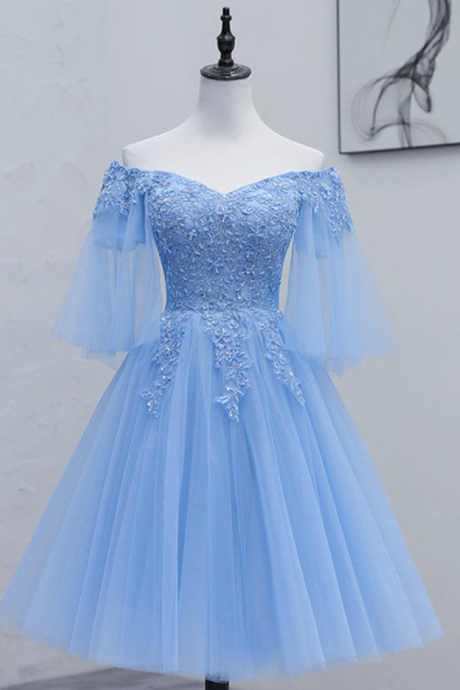 Homecoming Dresses,homecoming Dresses,lovely Light Blue With Lace Off Shoulder Short Prom Dress, Blue Homecoming Dresses