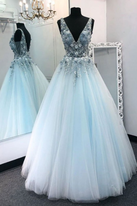 Prom Dresses,v Neck Tulle Floral Lace Appliques Long Sky Blue Prom Dresses, V Neck Sky Blue Formal Dresses