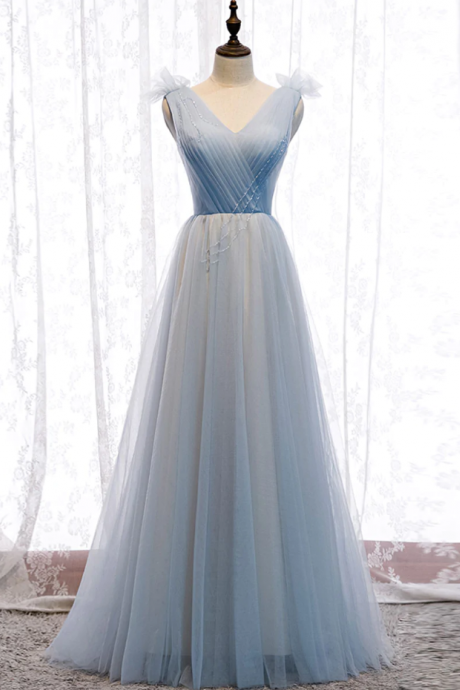 Prom Dresses, Simple Blue V Neck Tulle Long Prom Dress, Blue Formal Party Dresses