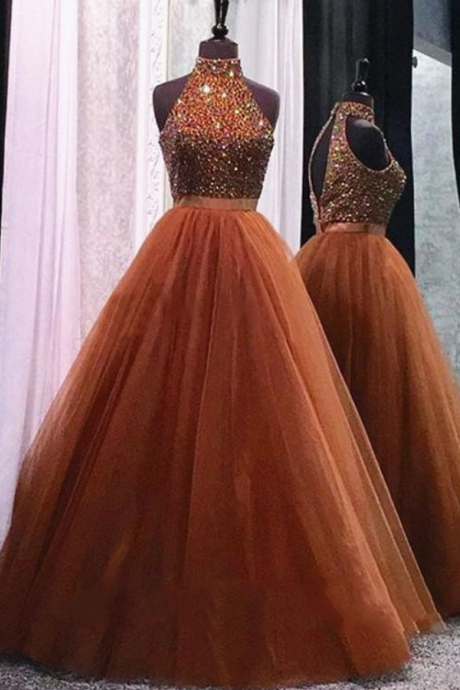 Prom Dresses,high Neck Ball Gown Prom Dress With A Keyhole Back, With Glittering Beads