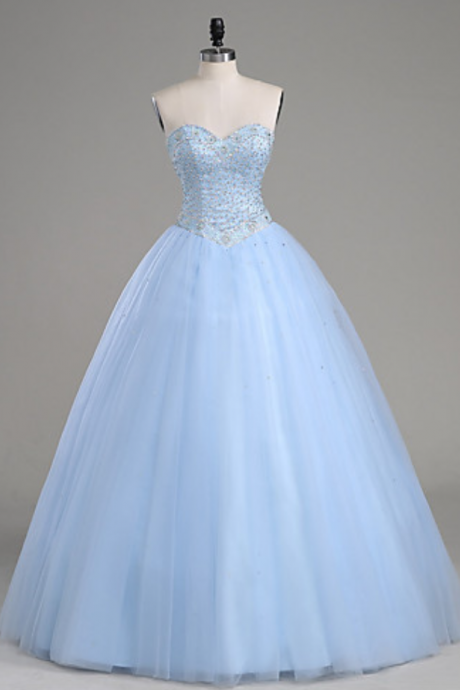 Prom Dresses,ball Gown Prom Dresses, Light Blue Tulle Prom Dresses, Sweetheart Prom Gown, Beading Evening Dresses