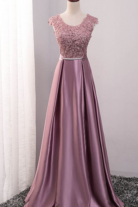 Prom Dresses,v Neck Lace Applique Backless Party Gowns A Line Satin Pink Long Dresses