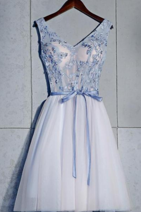 Homecoming Dresses,short Blue Prom Dress A-line Homecoing Dress, V-neckline Prom Dress