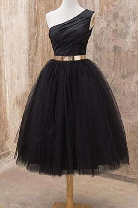 Homecoming Dresses,cute A-line One Shoulder Black Tulle Short Dress With Metallic Belt