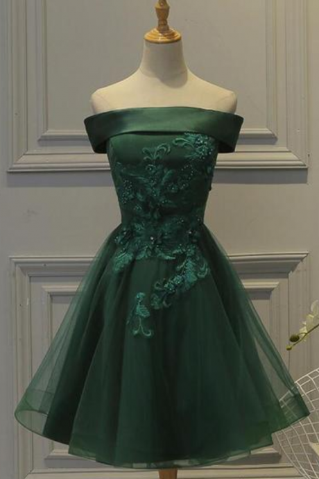 Prom Dresses,green Tulle And Satin Lovely Short Party Dress, Off Shoulder Party Dress , Formal Dresses