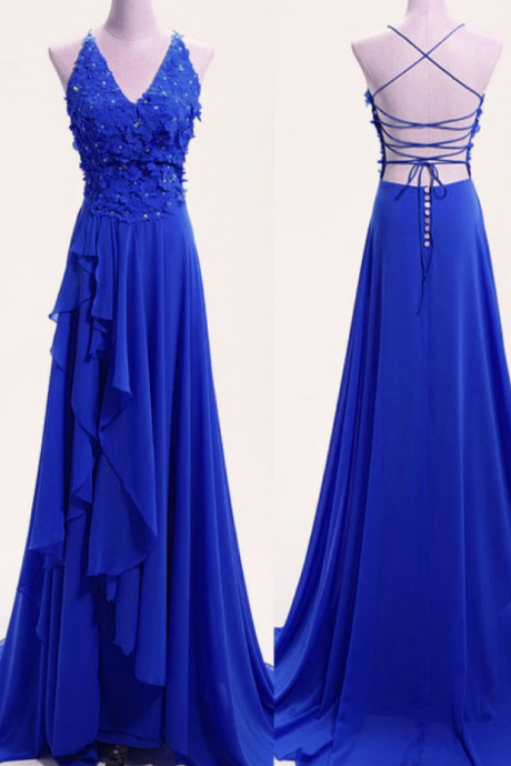 Prom Dresses,high Quality Blue Chiffon V-neckline Party Dress, Blue Formal Dress, Party Dress