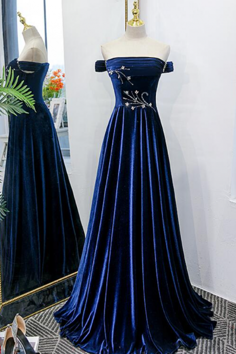 Prom Dresses,blue Long Velvet Beaded Elegant Off Shoulder Evening Dress