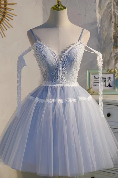 Homecoming Dresses,spaghetti Straps Party Dresses Blue Short Cute Homecoming Dresses
