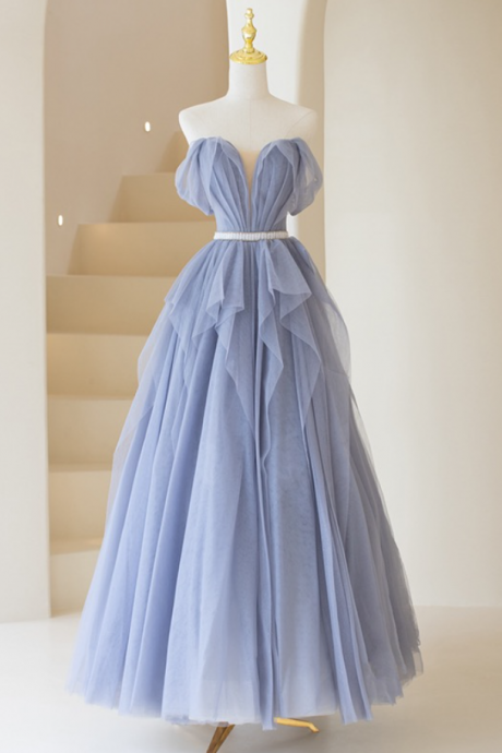 Prom Dresses,blue Tulle Strapless Evening Dresses, Blue Fairy Party Dresses
