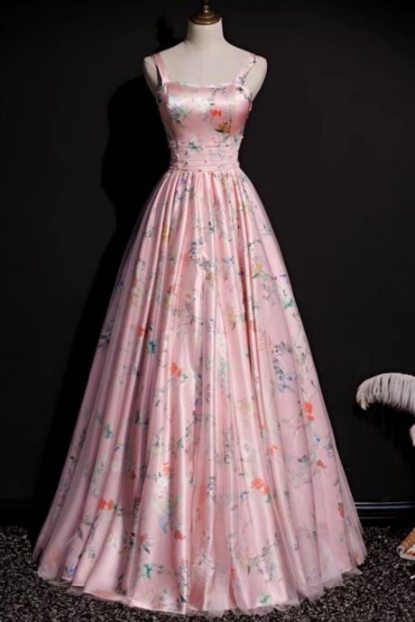 Prom Dresses,spaghetti Strap Party Dress,charming Pink Evening Dress,floral Prom Dress