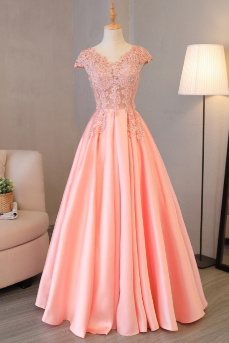 Prom Dresses,v-neck Guest Dresses, Pink Satin Party Dresses, Elegant Formal Dresses
