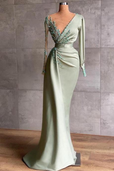 Prom Dresses,long Sleeve Evening Dress, Green Evening Dress