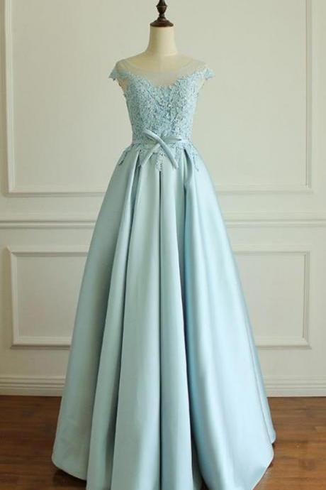 Prom Dresses,blue Floor Long Evening Dress, Woman's Custom Dress,lace Applique Prom Dress