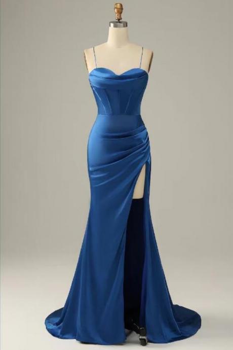 Prom Dresses,spaghetti Straps Prom Gown, Mermaid Evening Gown, Royal Blue Split Formal Dress, Satin Party Dress