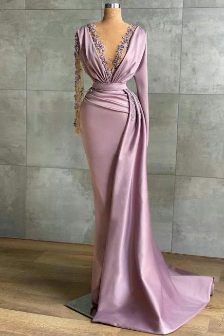 Prom Dresses,long Sleeves Pageant Dress With Beads Evening Gown