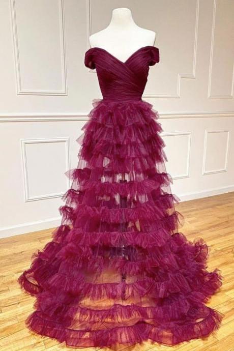 Prom Dresses,burgundy Tulle Sweetheart Neck Long Off Shoulder Dress