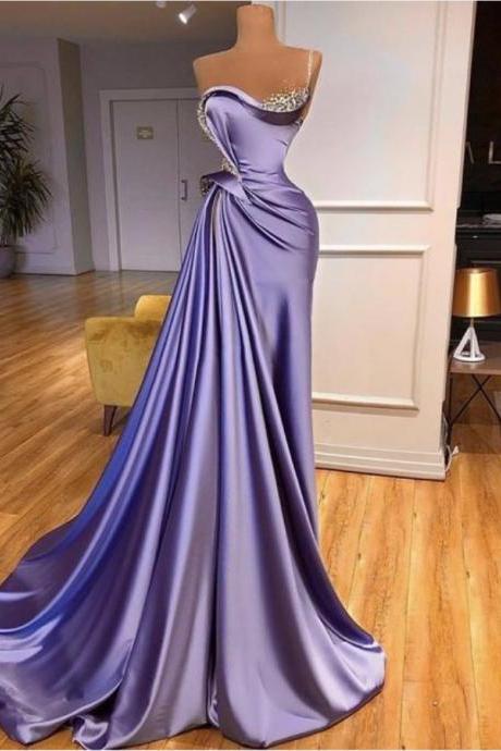 Prom Dresses,luxury Evening Gowns, Beaded Purple Satin Evening Gowns