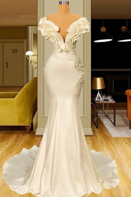 Prom Dresses,arab Dubai Simple Pearl Mermaid Long Evening Dress Elegant Customized Satin Women's Formal Evening Dress