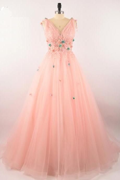 Prom Dresses,pink Tulle Long Prom Dress, Flower Applique Party Gowns