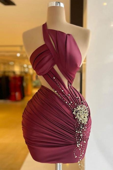Homecoming Dresses,chic Asymmetrical Sleeveless Satin Evening Dress Pleat Beading Illusion Sheath Mini Sexy Pageant Dress