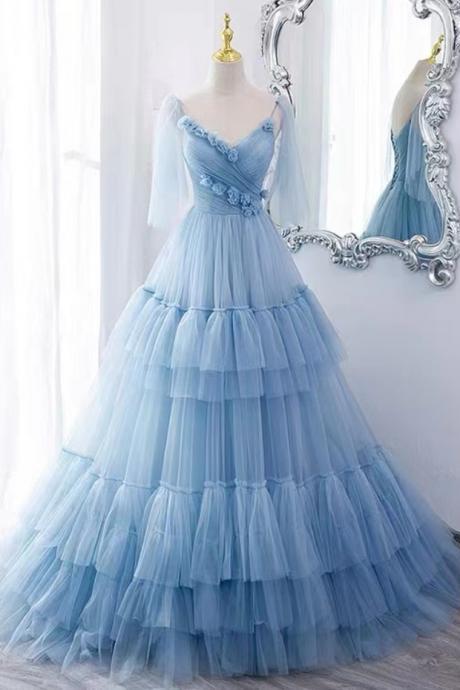 Prom Dresses,blue Evening Dress, Light Luxurious Fairy Dress Flower Party Dress