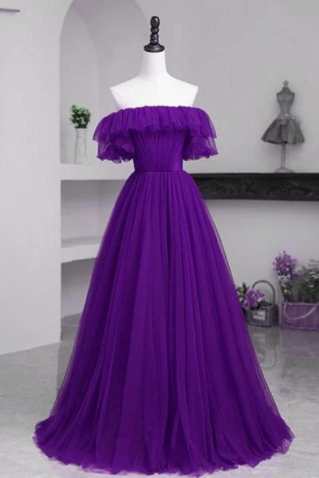 Prom Dresses,dark Purple Tulle Off Shoulder Long Party Dress A-line Purple Prom Dress