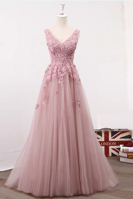 Prom Dresses,blush Pink V Neckline Two Straps Lace Evening Prom Dresses Long Party Prom Dress