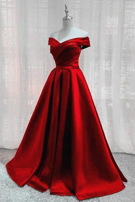 Prom Dresses,beautiful Red Off Shoulder Satin Long Party Dress, A-line Prom Dress Evening Dresses