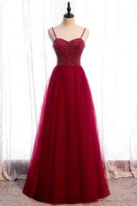 Prom Dresses,red Evening Dress Spaghetti Strap Party Dress Beaded Dress