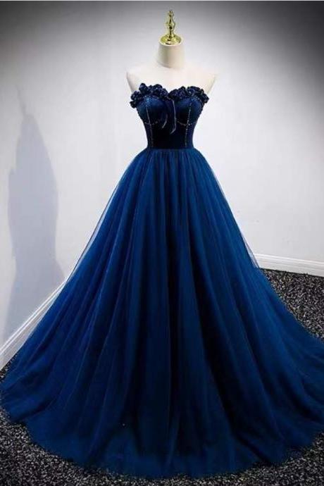 Prom Dresses,strapless Evening Dress, Light Luxury Prom Dress, Blue Elegant Dress