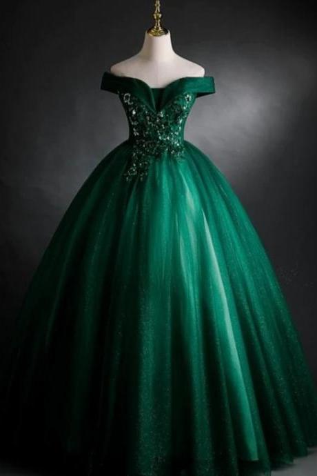 Prom Dresses,dark Green Sweetheart Off Shoulder Long Party Dress With Lace Applique