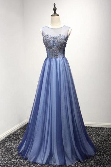 Prom Dresses, A Line Sheer Neck Prom Dress With Rhinestones Long Tulle Party Dress