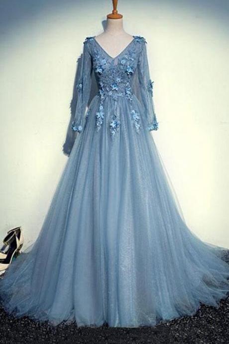 Prom Dresses,long Sleeve Appliques Tulle Prom Dress Long Evening Dress