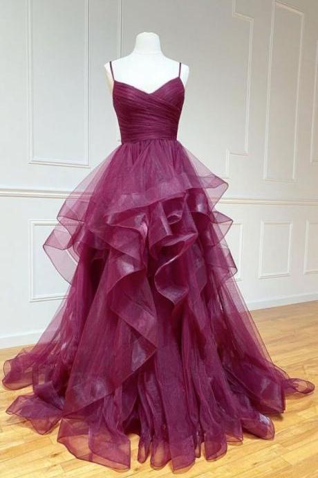 Prom Dresses,elegant Tiered Prom Dress, Burgundy Spaghetti Strap Prom Dresses
