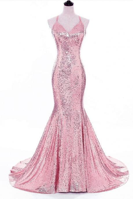 Prom Dresses,pink Sequin Ball Gowns, Strapless Long Gowns