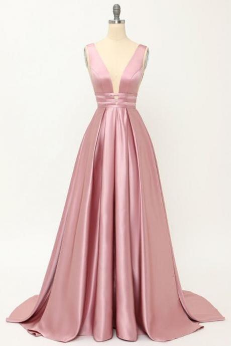 Prom Dresses,simple V-neck Sleeveless Satin Long Prom Dress.a-line Party Dress