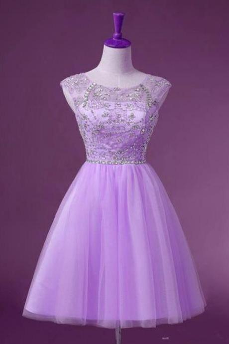 Homecoming Dresses,lavender Tulle Short Knee Length Round Neckline Party Dress, Cute Party Dresses
