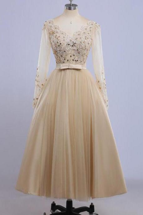 Prom Dresses,pretty Handmade Elegant Long Sleeve Evening Crystals Formal Dresses