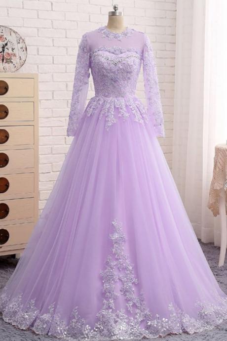 Prom Dresses, Purple Beaded Long Prom Dress With Long Sleeve Lace Appliqued A Line Party Gowns